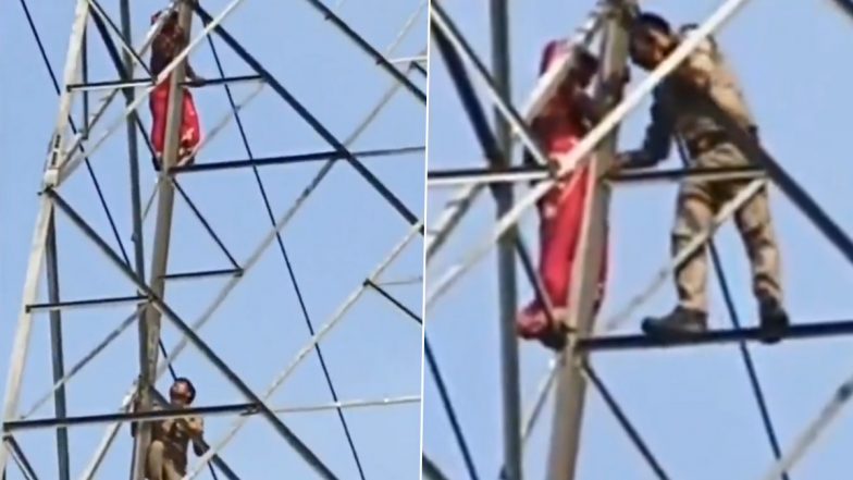 VIDEO: पति के साथ विवाद के बाद गुस्से में पत्नी इलेक्ट्रिक के पोल पर चढ़ी, पुलिस ने जान पर खेलकर उतारा नीचे, प्रयागराज जिले का वीडियो आया सामने
