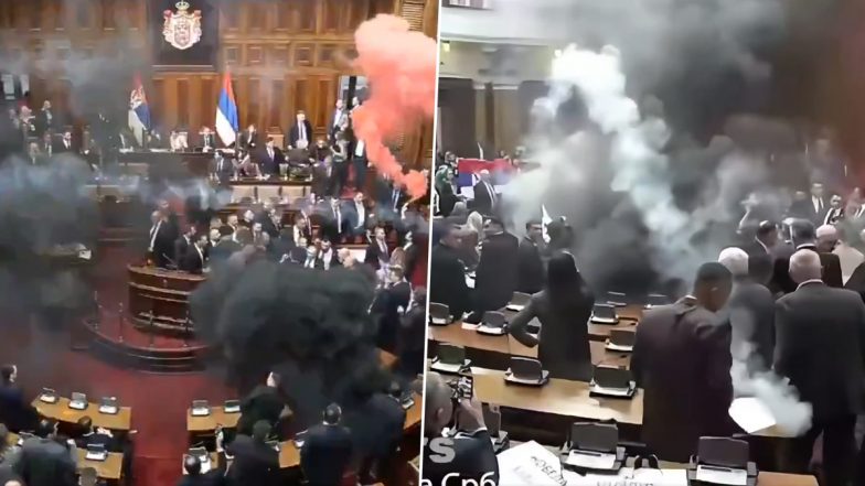 Serbia Parliament Chaos: सर्बियाई संसद बना वॉर जोन! विपक्षी सांसदों ने फेंके स्मोक ग्रेनेड, एक नेता को आया स्ट्रोक (Watch Video)