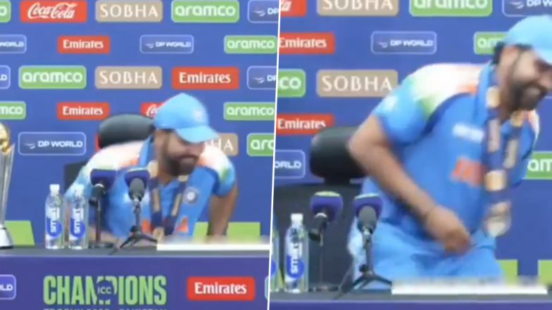 Rohit Sharma Forgets ICC Champions Trophy: भुलक्कड़ कप्तान! प्रेस कांफ्रेंस के बाद चैंपियंस ट्रॉफी का ख़िताब डेस्क पर भूले रोहित शर्मा, देखें मजेदार वीडियो