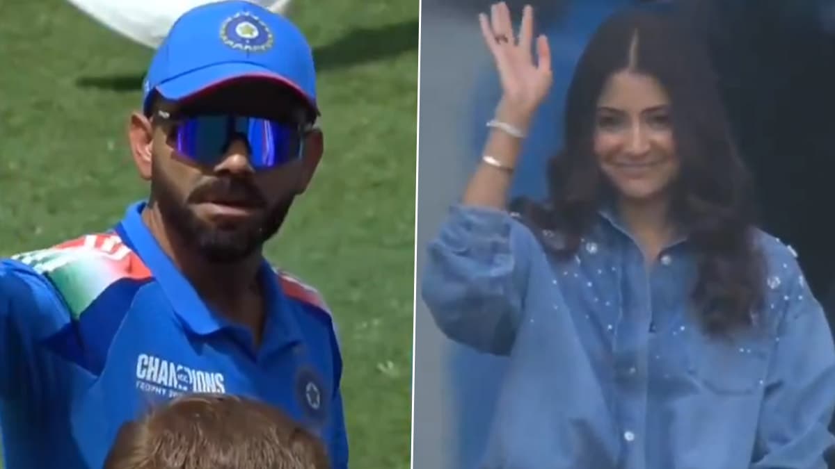 Virat Kohli and Anushka Sharma’s Adorable Moment: विराट कोहली और अनुष्का शर्मा का क्यूट मोमेंट वायरल, ICC चैंपियंस ट्रॉफी फाइनल के दौरान एक-दूसरे को किया वेव (Watch Video)