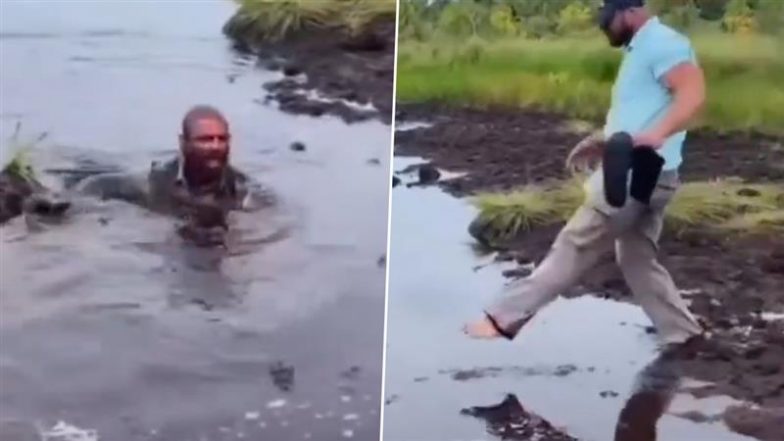 पानी वाली जगह को पार करके दूसरी तरफ जा रहा था शख्स, लेकिन तभी उसके साथ हो गया खेल और फिर… (Watch Viral Video)