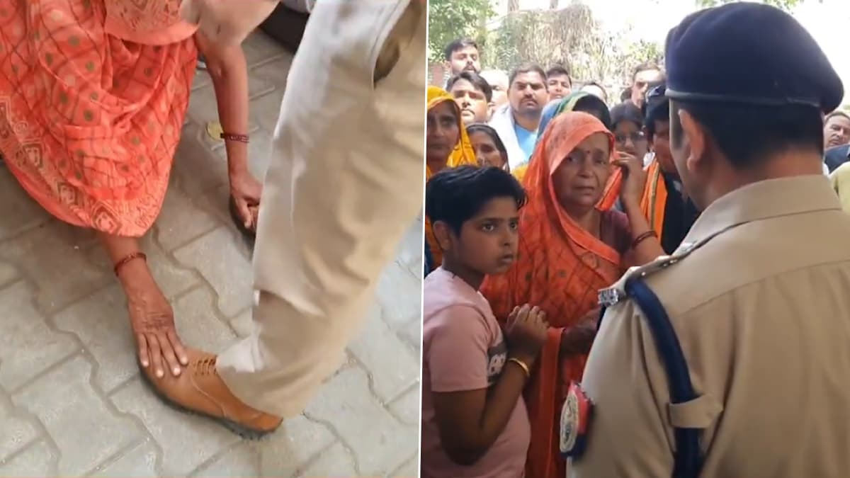 अलीगढ़ जिले में बुजुर्ग महिला ने बेटे और पति की रिहाई के लिए सीओ के पैर छुएं. वीडियो आया सामने.