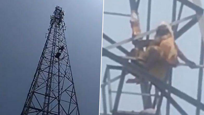 VIDEO: मंदिर की जमीन से जुड़े विवाद को लेकर बुजुर्ग टावर पर चढ़ा, अलीगढ़ जिले की घटना का वीडियो आया सामने