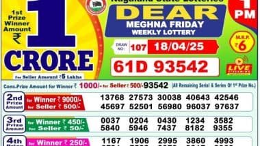 Nagaland State Lottery Sambad Result Today 1 PM: टिकट नंबर 61D 93542 को मिला 1 करोड, दूसरे विनर ने जीते 5 लाख; देखें नागालैंड 'Dear Meghna Friday' विकली लॉटरी का रिजल्ट