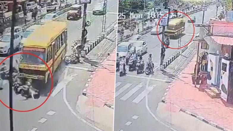 Madhya Pradesh Bus Accident: भोपाल में तेज रफ्तार स्कूल बस ने ट्रैफिक सिग्नल पर इंतजार कर रहे वाहनों को मारी टक्कर, एक महिला की मौत और कई घायल (वीडियो देखें)