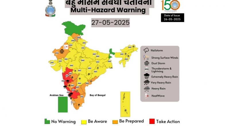 Aaj Ka Mausam, 27 May 2025: भारी बारिश और तूफानी हवाओं का अलर्ट, कई राज्यों में बेकाबू रहेगा मानसून; जानें आपके शहर में कैसा रहेगा आज का मौसम? (Watch Video)