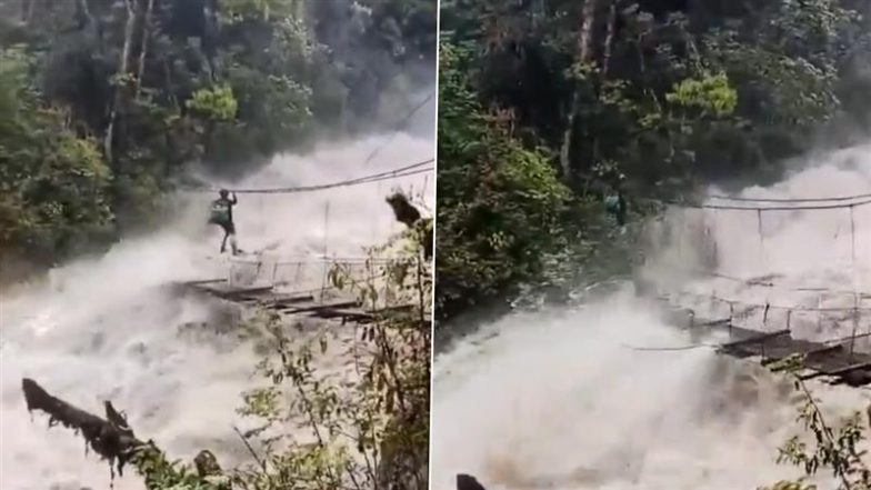 Arunachal Pradesh Rains: अरुणाचल प्रदेश में भारत, चीन और म्यांमार सीमा के पास बाढ़ ग्रस्त हैंगिंग ब्रिज पार करता दिखा शख्स, देखें वायरल वीडियो