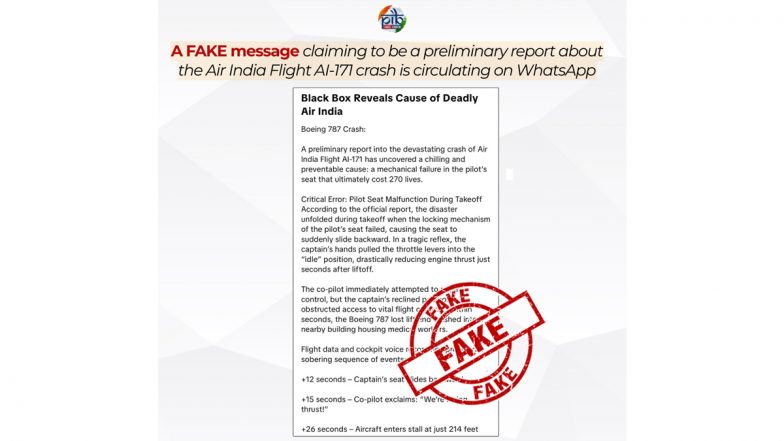 Fact Check: अहमदाबाद प्लेन क्रैश होने का कारण टेकऑफ के दौरान पायलट सीट में खराबी थी? व्हाट्सएप पर वायरल इस मैसेज को पीआईबी ने बताया फर्जी