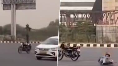 Stunt Goes Wrong: गुरुग्राम में दिल्ली-जयपुर एक्सप्रेसवे पर जानलेवा स्टंट करते समय बाइक सवार बीच सड़क पर गिरा, बाल- बाल बचा (Watch Video)