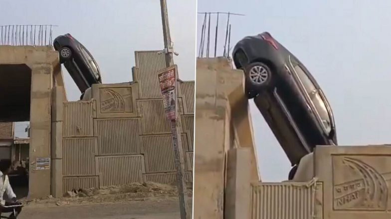 VIDEO: गुगल मैप ने फिर दिया धोखा! यूपी के महराजगंज में अधूरे फ्लाईओवर से लटक गई कार, बाल-बाल बचा ड्राइवर