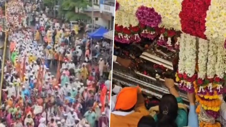 Sant Tukaram Maharaj Palkhi 2025: संत तुकाराम महाराज की पालखी पहुंची पुणे, पिंपरी-चिंचवड़ की सड़कों पर दिखा आस्था का सैलाब (Watch Video)