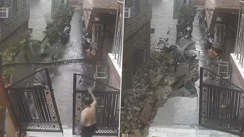VIDEO: तेज बारिश के कारण जमीन धंसी, अचानक गिरी दीवार और गेट, बाल बाल बची शख्स की जान, जोधपुर का वीडियो आया सामने