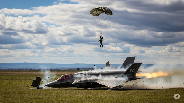 US Navy F-35 Jet Crash Video: कैलिफोर्निया में अमेरिकी सेना का F-35 फाइटर जेट क्रैश, पायलट ने कूदकर बचाई जान