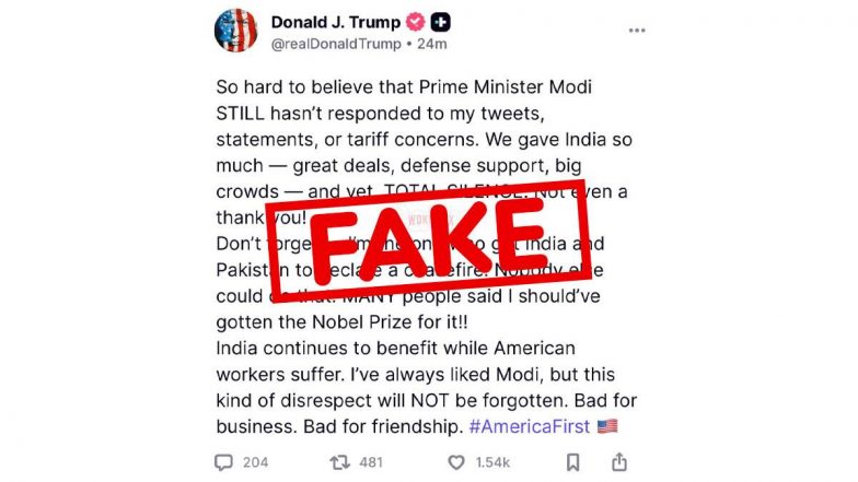 Fact Check: क्या डोनाल्ड ट्रंप ने अमेरिका-भारत व्यापार समझौते को लेकर PM मोदी की आलोचना की? अमेरिकी राष्ट्रपति के नाम से वायरल हो रहा फर्जी पोस्ट, जानें सच्चाई