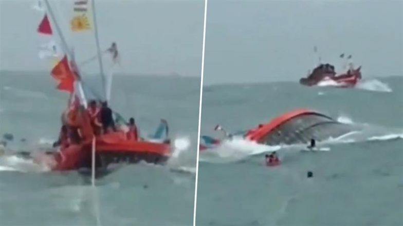 Uran Boat Drowns Video: उरण में तेज़ लहरों के बीच 10- 15 लोगों से भरी नाव डूबी, पास में मौजूद बोट ने लोगों को किया रेस्क्यू
