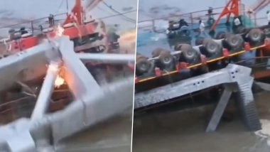 Prayagraj: गंगा नदी पर बन रहे ब्रिज निर्माण के दौरान बड़ा हादसा! पिलर चढ़ाते समय ट्रक नदी में पलटा, प्रयागराज का VIDEO आया सामने