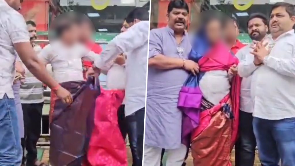 डोंबिवली में बीजेपी नेताओं के कांग्रेस के बुजुर्ग कार्यकर्ता को पहनाई साड़ी.