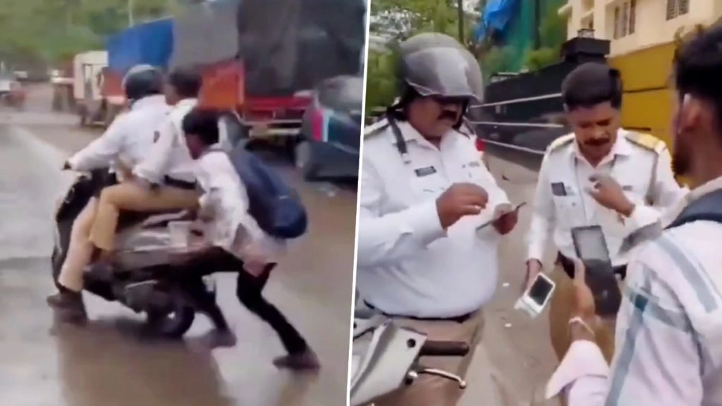 ठाणे में पीछे बैठे ट्रैफिक पुलिस ने गाड़ी पर नहीं पहना हेलमेट. नंबर प्लेट में लगा था जंग. युवक ने पूछे सवाल.