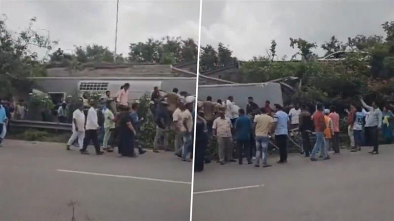VIDEO: हैदराबाद से गुंटूर जा रही प्राइवेट बस पलटी, 20 यात्री घायल&hellip; Kurnool Bus Accident के एक दिन बाद हुआ हादसा