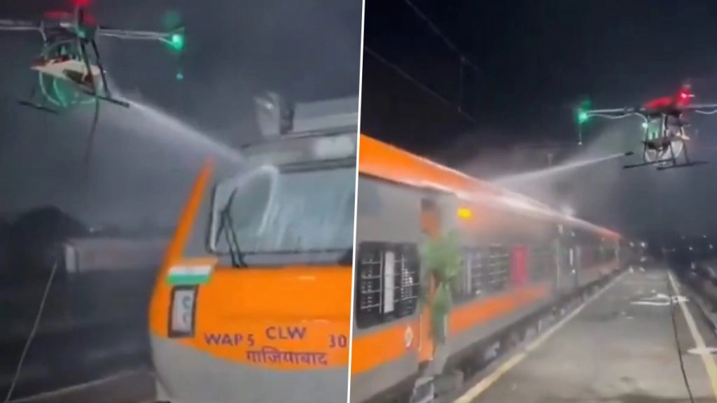 गुजरात में ड्रोन से अमृत भारत एक्सप्रेस ट्रेन की सफाई का किया ट्रायल.