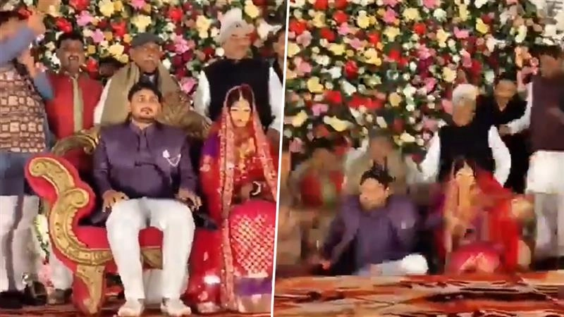 यूपी के बलिया में स्टेज ढहने से बीजेपी नेता समेत दूल्हा- दुल्हन नीचे गिरे, वीडियो वायरल