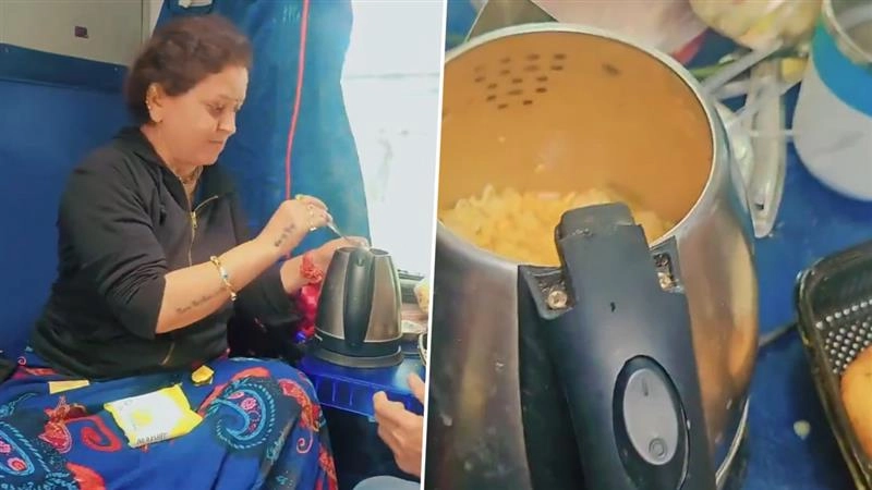 ट्रेन के चार्जिंग प्वाइंट पर केतली लगाकर पकाई मैगी-चाय