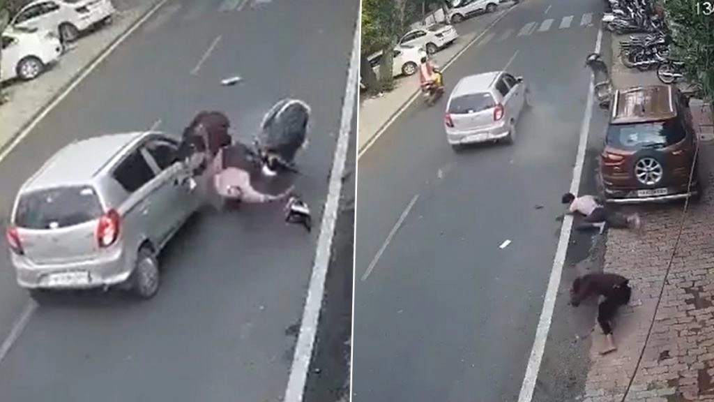 झांसी में कार सवार ने मारी स्कूटी सवारों को टक्कर.