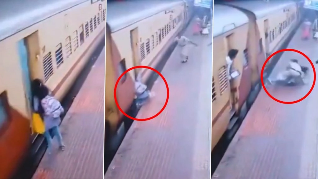 इरोड रेलवे स्टेशन पर चलती ट्रेन में चढ़ने के प्रयास में गिरी महिला यात्री.