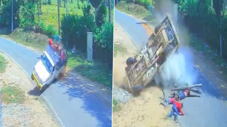 Karnataka Road Accident: तेज रफ्तार पिकअप का टायर फटा, गाड़ी सड़क पर पलटी, भीतर बैठे लोग हुए घायल, कोडागु जिले में भीषण सड़क हादसा: VIDEO