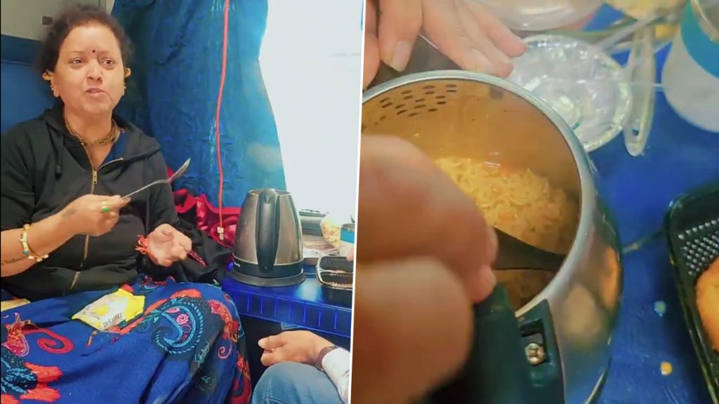 Viral Video: एक्सप्रेस ट्रेन में पानी की केतली में मैगी बनाती महिला का वीडियो वायरल, लोग बोले- लग सकती थी बड़ी आग