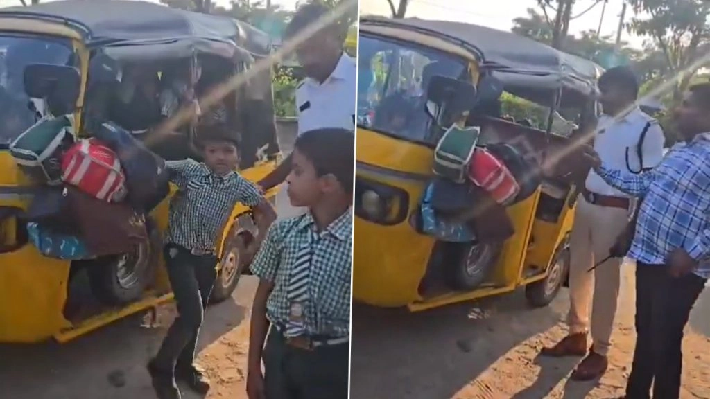 तेलंगाना के कुरनूल में एक ही ऑटो में 23 बच्चों को ठूंस-ठूंस कर भरा गया; वाहन जब्त (Watch Viral Video)