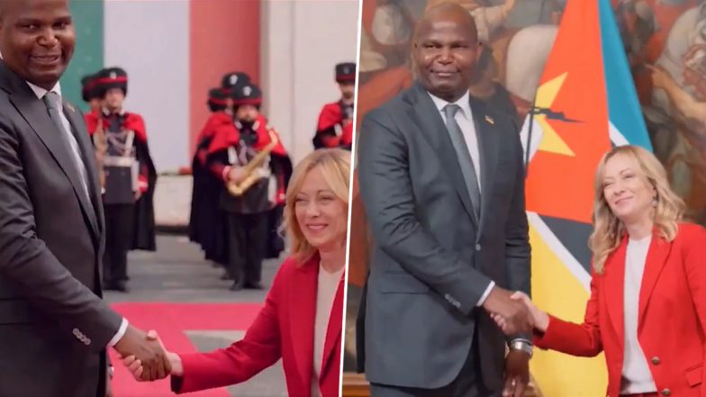 Italian Prime Minister Giorgia Meloni: इटली की प्रधानमंत्री जॉर्जिया मेलोनी 6 फीट 8 इंच लंबे मोजाम्बिक के राष्ट्रपति डैनियल फ्रांसिस्को चापो से मिली, सोशल मीडिया पर VIDEO हुआ वायरल