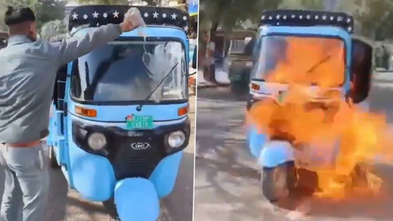 VIDEO: शोरूम वालों से परेशान होकर युवक ने लगाई अपनी ई रिक्शा को आग, सड़क पर मचा हंगामा, जोधपुर का वीडियो आया सामने