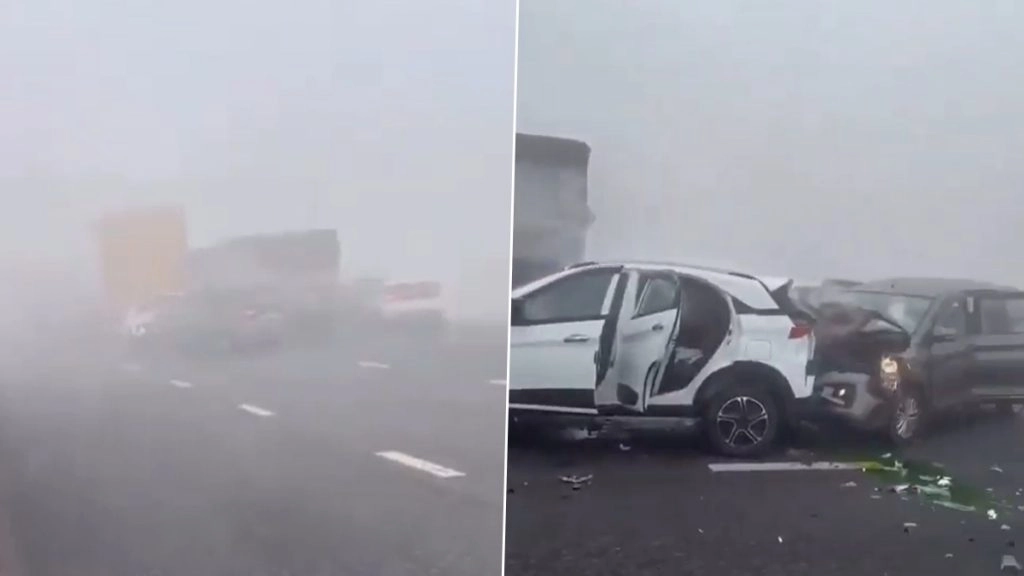 हरियाणा के नूंह में दिल्ली-मुंबई एक्सप्रेसवे पर घने कोहरे के कारण 20 से ज्यादा गाड़ियां आपस में टकरा गई.