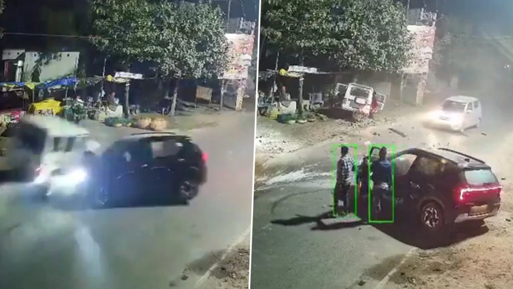 मऊ जिले में सड़क पर दो कारों की आमने सामने हुई टक्कर.