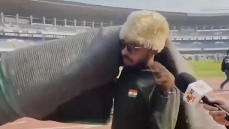 GOAT India Tour 2025: कोलकाता में टिकट के पैसे वसूलने के लिए स्टेडियम का कालीन लेकर जाता दिखा निराश मेस्सी फैन (Watch Video)