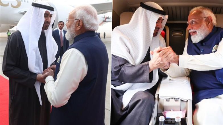UAE के राष्ट्रपति मोहम्मद बिन जायद पहुंचे दिल्ली, एयरपोर्ट पर PM मोदी ने किया स्वागत, फिर एक ही कार में सवार होकर हुए रवाना (See Pic)