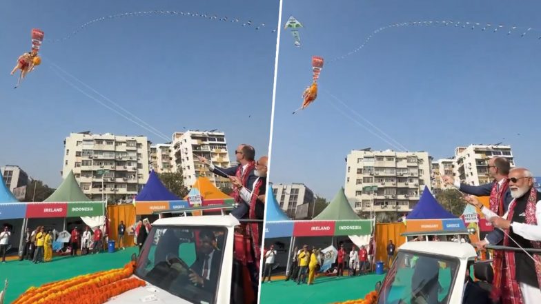 International Kite Festival 2026: अहमदाबाद दौरे पर PM मोदी, अंतरराष्ट्रीय पतंग महोत्सव में जर्मन चांसलर फ्रेडरिक मर्ज़ के साथ भगवान हनुमान की आकृति वाली पतंग उड़ाते दिखे; VIDEO
