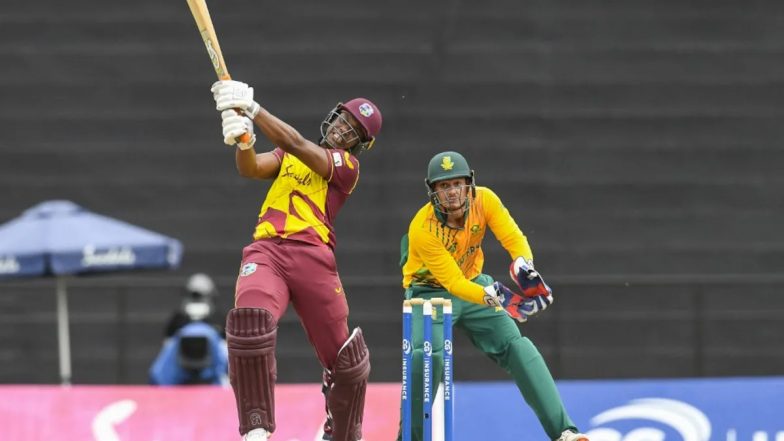 West Indies vs South Africa, 47th Match Scorecard: अहमदाबाद में वेस्टइंडीज ने दक्षिण अफ्रीका को दिया 177 रनों का लक्ष्य, जेसन होल्डर और रोमारियो शेफर्ड ने खेली आतिशी पारी; यहां देखें पहली पारी का स्कोरकार्ड