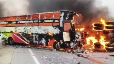 Andhra Pradesh Bus Accident: आंध्र प्रदेश में दर्दनाक सड़क हादसा; बस और टिप्पर की टक्कर के बाद लगी आग, 14 लोगों की मौत (Watch Video)