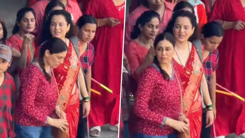 कंगना रनौत मीरा रोड स्टेशन पर मुंबई लोकल ट्रेन का इंतज़ार करती दिखीं; एक्ट्रेस का रेड साड़ी लुक वायरल हुआ (वीडियो देखें)