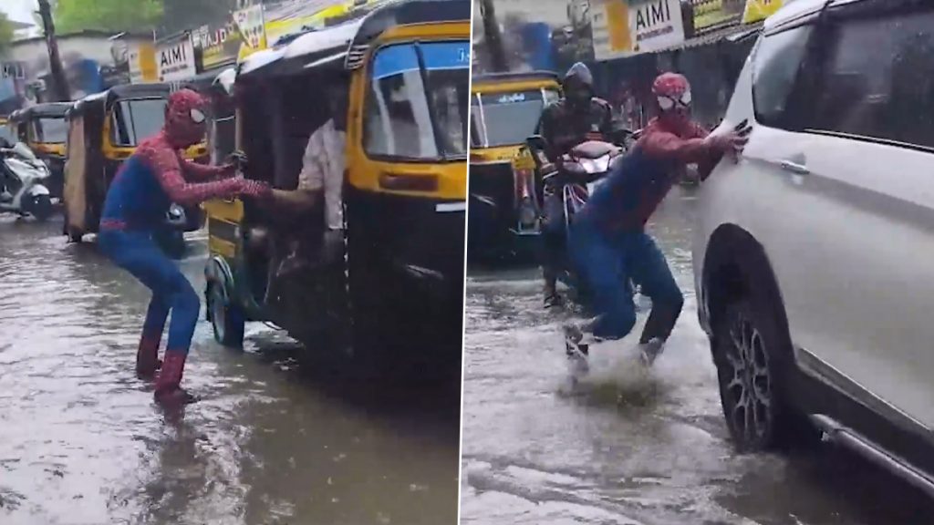 भिवंडी में भारी बारिश से सड़कें जलमग्न; पानी में छिपे गड्ढों से बचाने के लिए ‘Spiderman’ उतरा सड़क पर, लोगों ने की सराहना; VIDEO