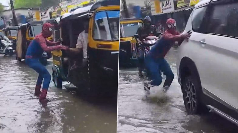 Bhiwandi Heavy Rains: भिवंडी में भारी बारिश से सड़कें जलमग्न; पानी में छिपे गड्ढों से बचाने के लिए &lsquo;Spiderman&rsquo; उतरा सड़क पर, लोगों ने की सराहना; VIDEO