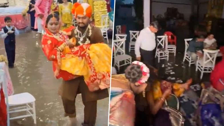 Indore Viral Video: इंदौर में भारी बारिश से मैरिज गार्डन में भरा डेढ़ फीट पानी, दुल्हन को गोद में उठाकर मंडप तक ले गया दूल्हा; मानसून वेडिंग का वीडियो वायरल