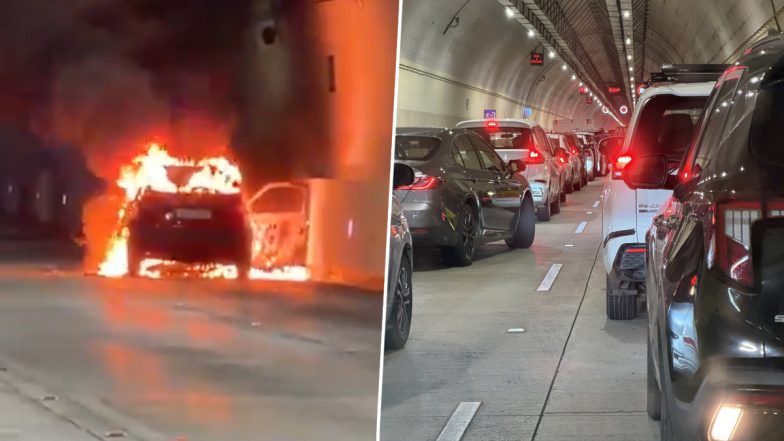 Mumbai Car Fire Video: मुंबई कोस्टल रोड सुरंग में चलती कार बनी आग का गोला, यातायात कुछ देर के लिए प्रभावित