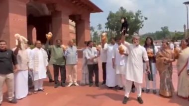 Opposition MPs Protest With Toy Monkey Against PM Modi: '56 इंच का छोटा बंदर...', पीएम मोदी के खिलाफ विपक्षी सांसदों का अनोखा प्रदर्शन, खिलौना बंदर लेकर संसद के बाहर लगाए नारे (Video)