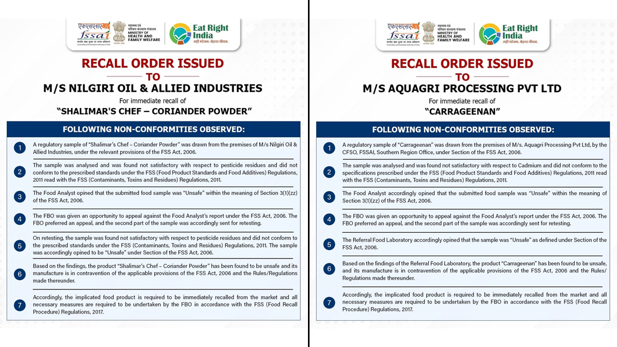 FSSAI Recall: एफएसएसएआई का बड़ा एक्शन, 2 फूड प्रोडक्ट्स को बाजार से तुरंत वापस मंगाने का आदेश, जानें क्या है वजह